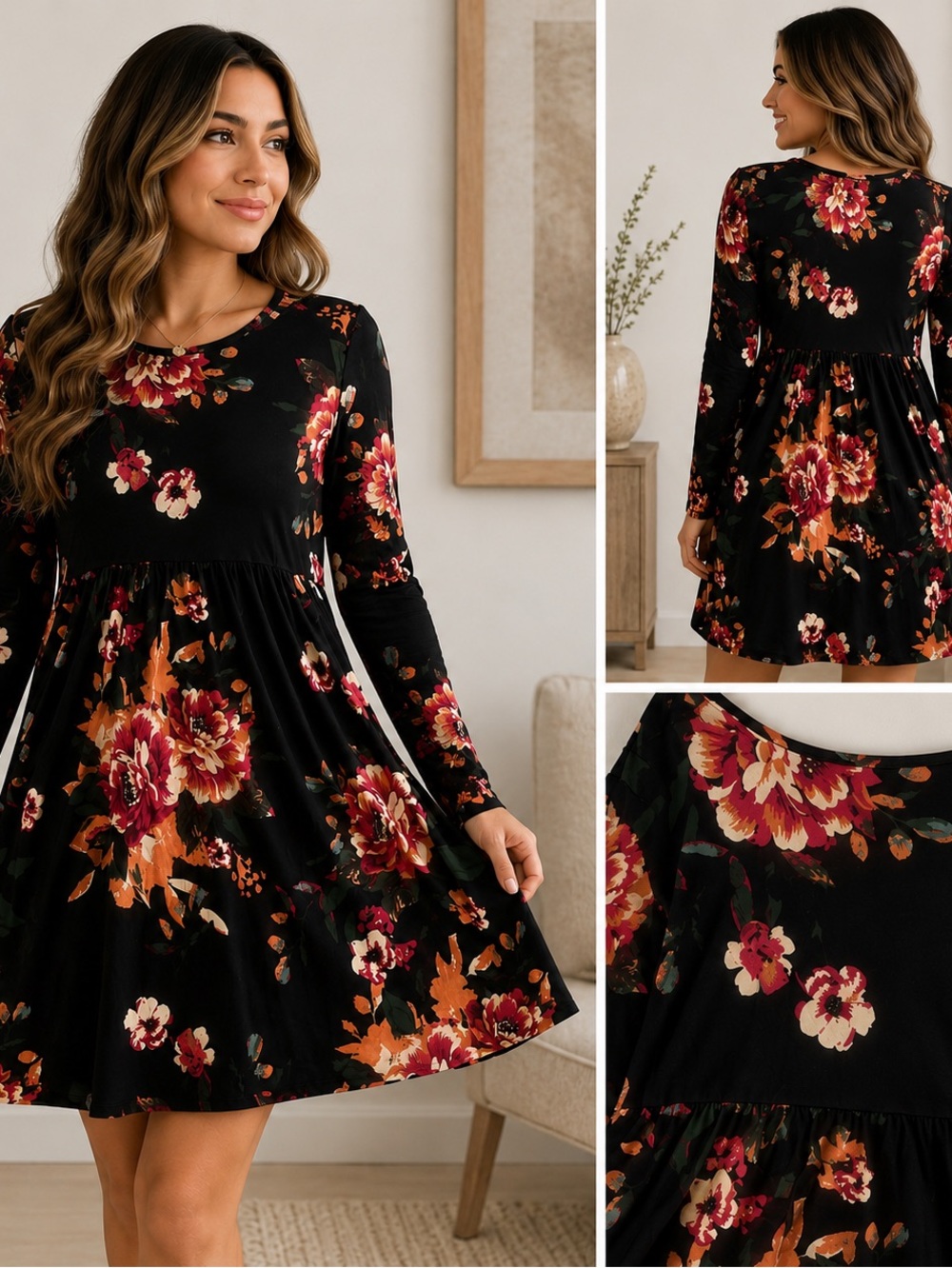 DB Moon Black Floral Long Sleeve Babydoll Swing Dress